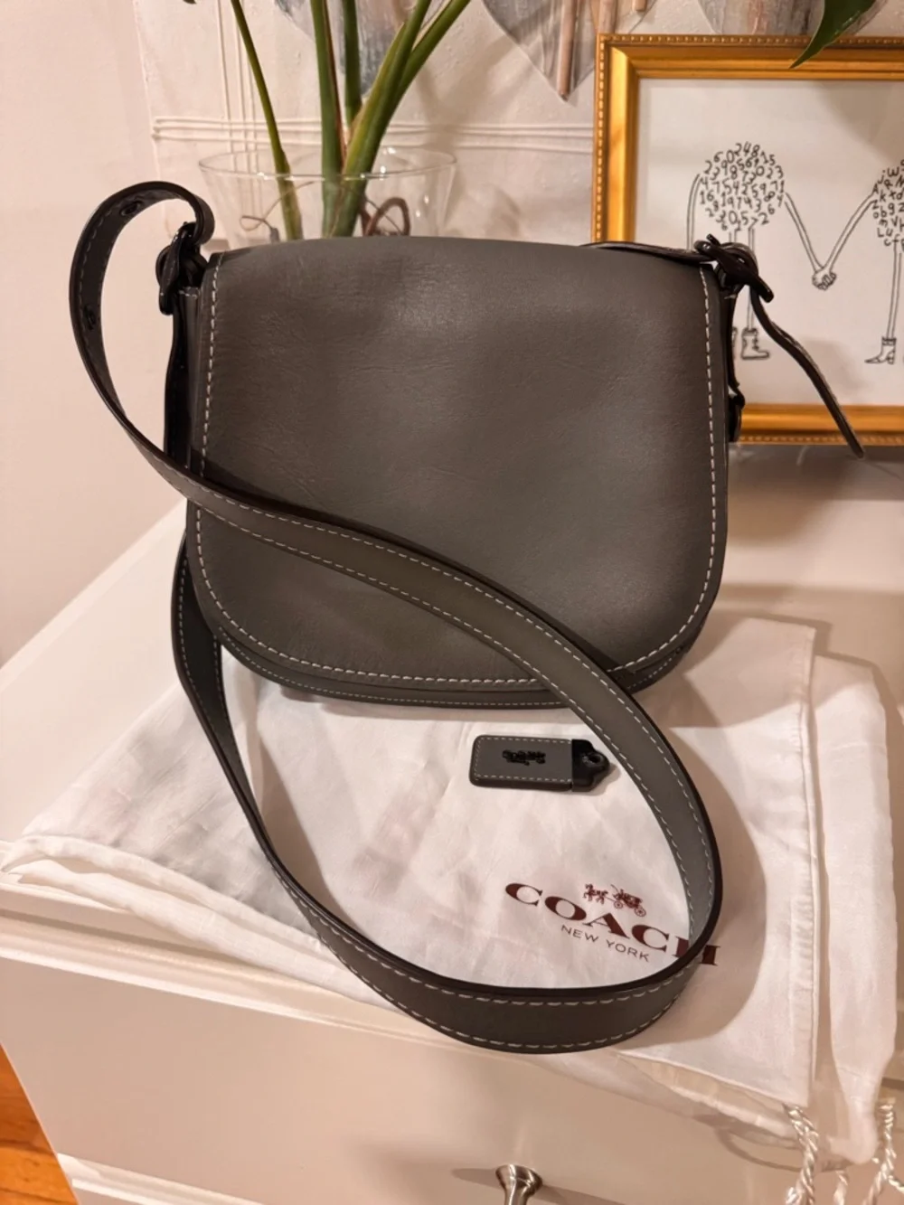 Coach Gray Leather Saddle Crossbody Bag with White Stitching - Picture 12 of 16